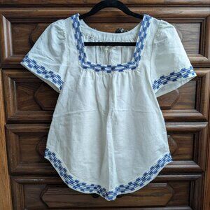 Madewell top white linen blue embroidered arrows babydoll blouse shirt XS